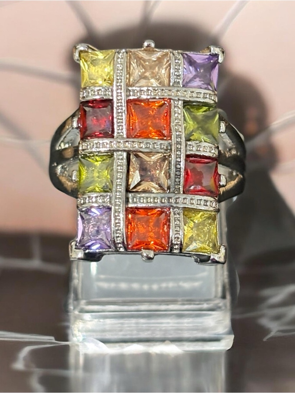 Multicolor Square Gem Grid Cocktail Ring